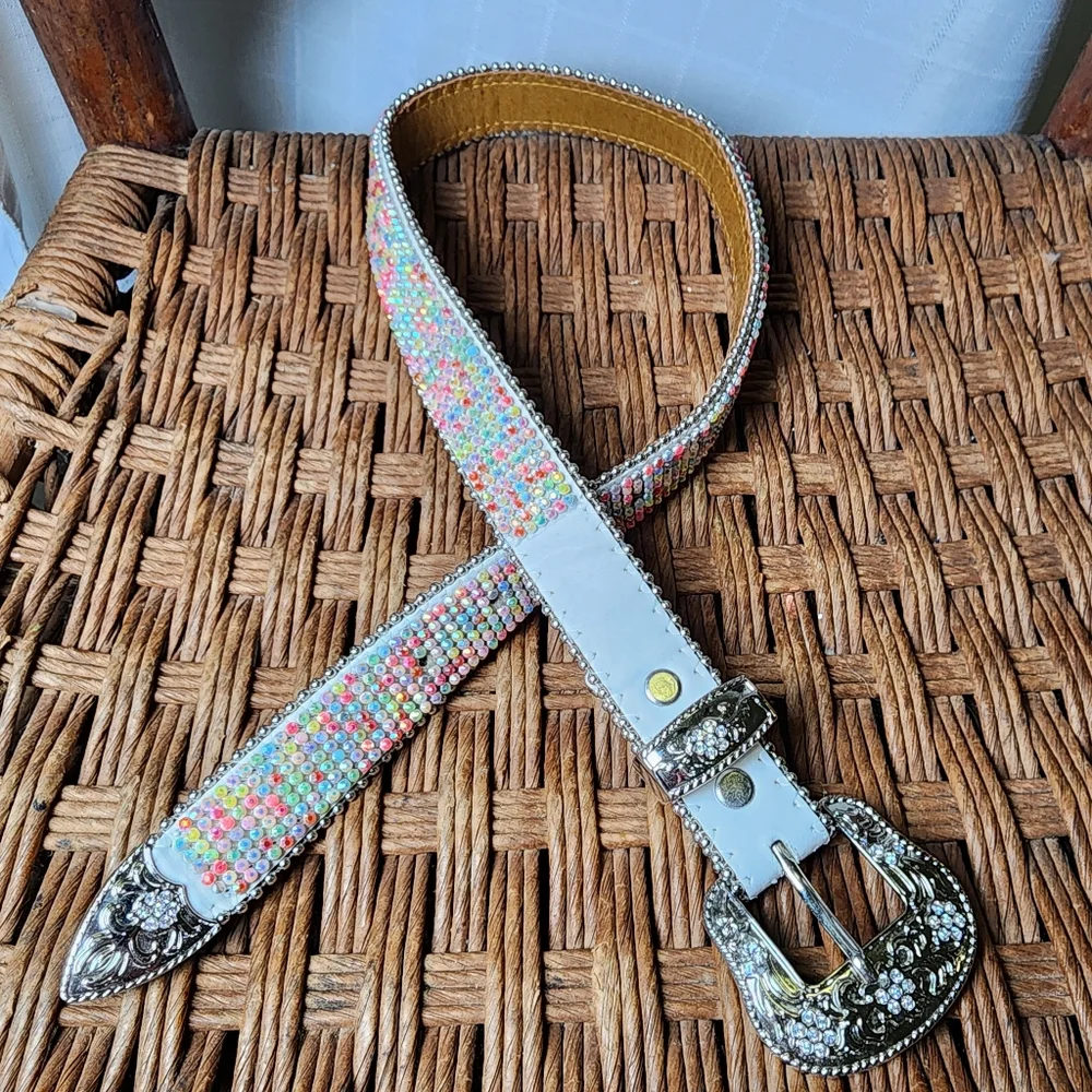 Girls White Leather Western Crystal Silver Buckle Belt 25